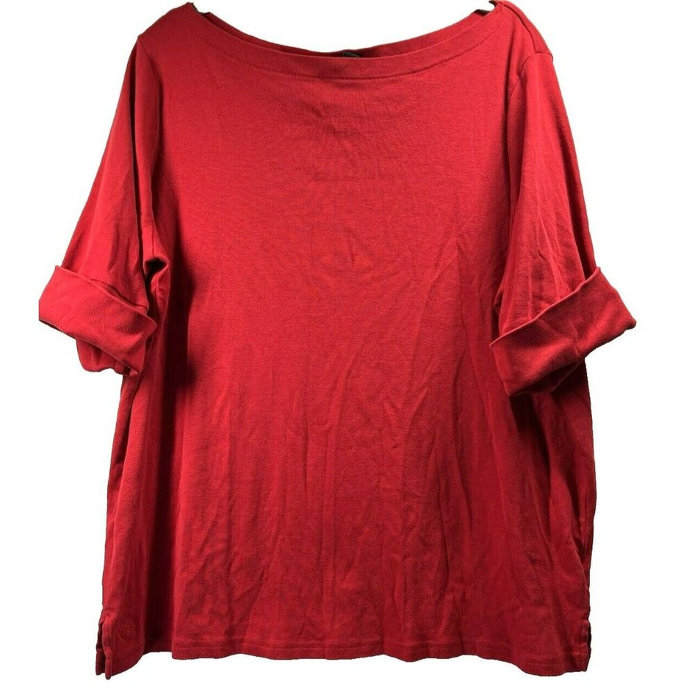 Lauren Ralph Lauren Red Boat Neck Top Short Rolled Sleeve Cotton Blouse 2X